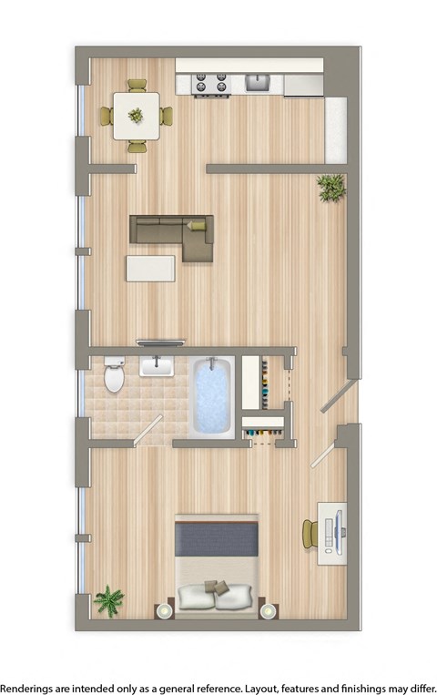 one bedroom apartment floor plan rendering at the klingle apartments in washington dc